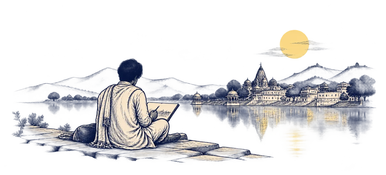 A creator sketching beside a Rajasthan-inspired lake