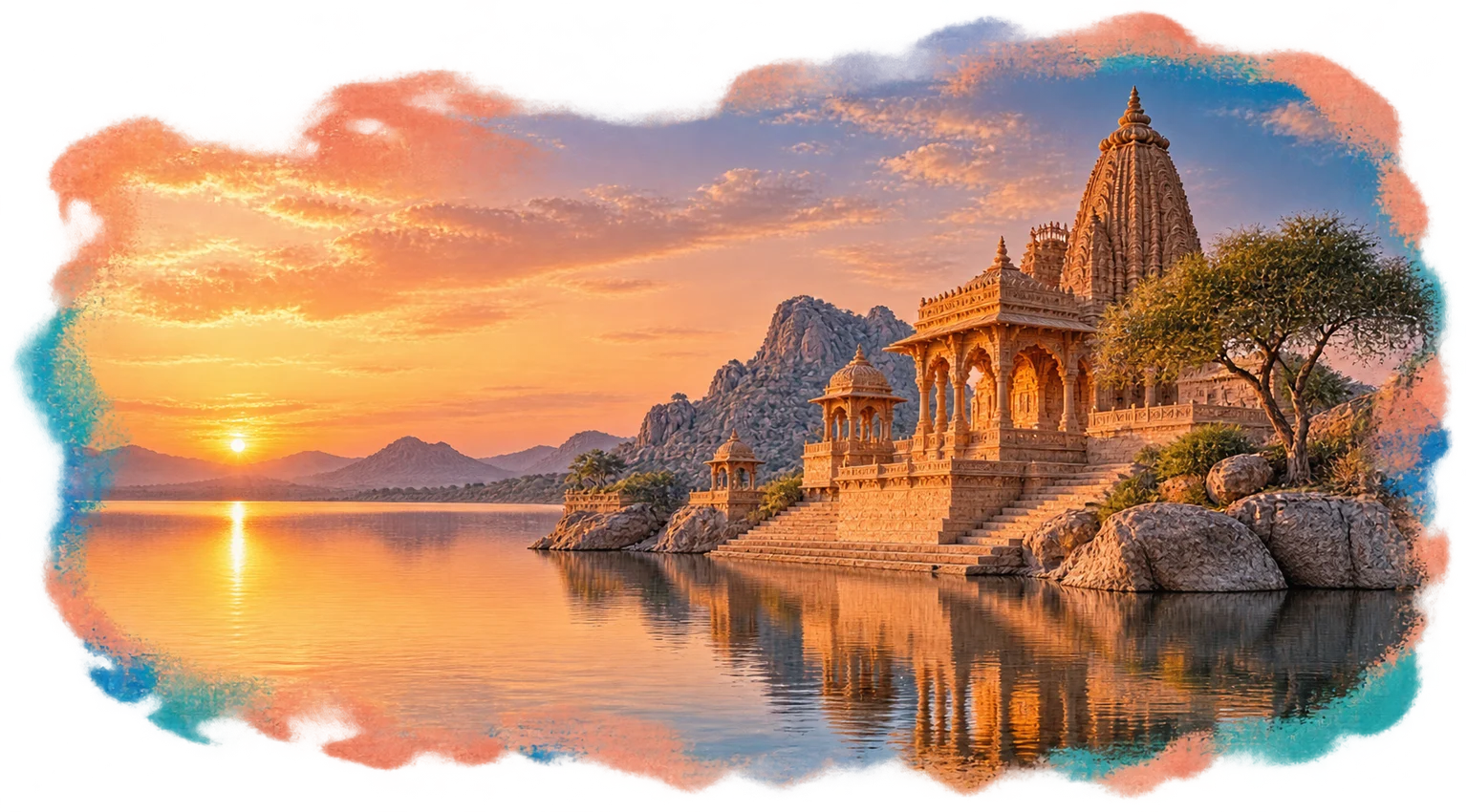 A lakeside Rajasthan-inspired temple at sunset, framed by expressive painted edges