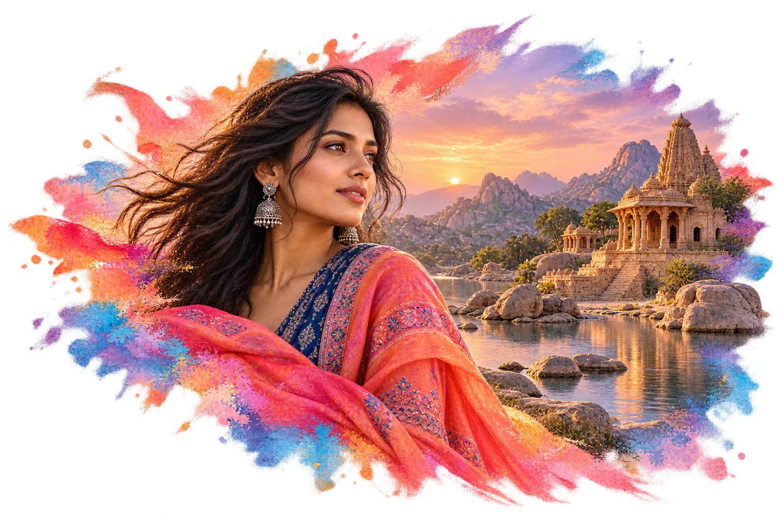 A creative woman against a Rajasthan-inspired sunset, blending into colourful paint