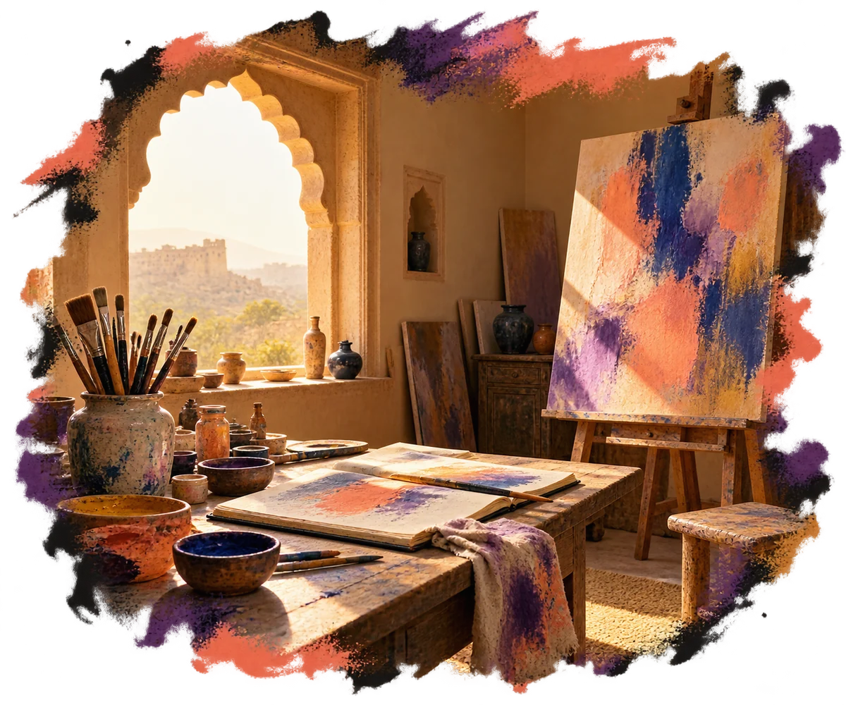 An artist workspace with brushes, pigments and an easel