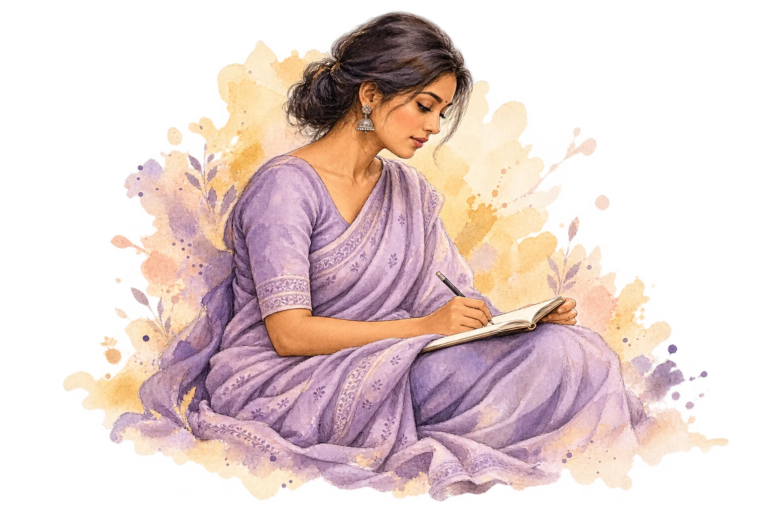 A writer putting her thoughts into a notebook, surrounded by painted lavender and peach